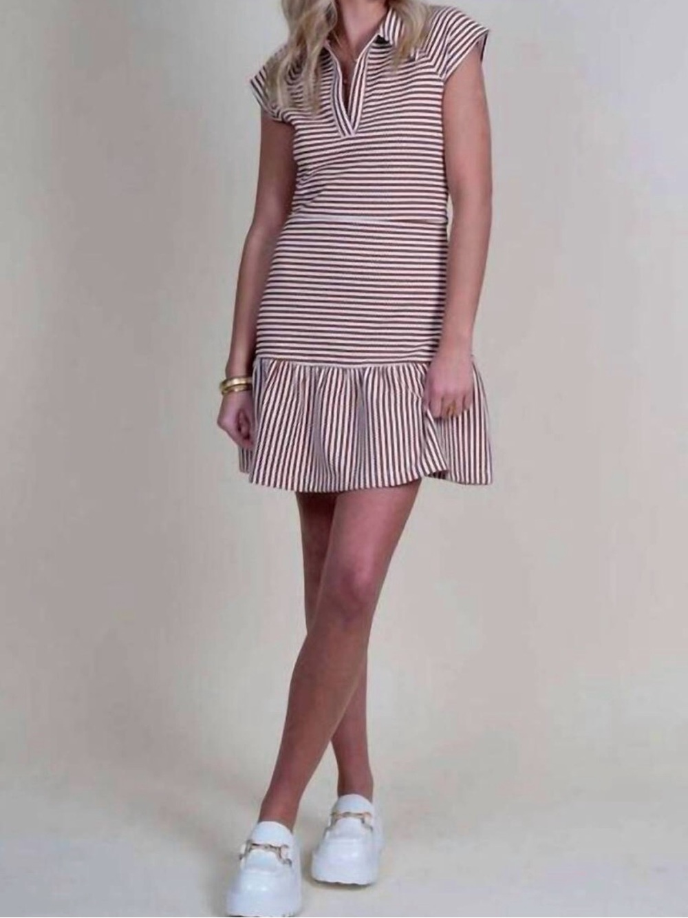 Amanda Uprichard Cream & Brown Striped Cap-Sleeve Drop-Waist Dress